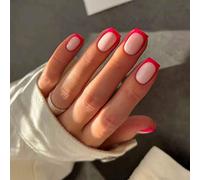 Press on Nail Short Square, 24Pcs Nude Red French Tips False Nails, Acrylic Full Cover Nails with Design, Artificial Stick on Nails for Women and Girls Nail Art Manicure Decoration