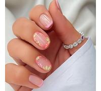 Press-On Nail Tips with Floral French Design on Translucent Base - Short Square Glossy False Nails for Women Spring Summer Aesthetic Hand Painted Pastel Pink Green Peach Blossom and Leaf