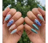 Press-On Nails, 10-Piece Long Stiletto Blue Ocean 3D False Nail Tips | Glossy Aqua, Teal, White, Nude And Gold-Tone Designs, Raised Shell, Jellyfish, Starfish And Pearl-Like Details