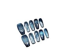 Press On Nails 10Pcs Handmade Press On Nails French coffin Cat Eye Fake Nails with Diamond Full Cover Wearable Artificial Nail Tip False Nails(7-XS)