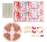 Press On Nails, 120 Short Rounded Colourful Tips, Tabs And Pink Case | Assorted Hearts, Dots, Flowers, Fruit And Gradient Motifs, 2 Transparent Tab Sheets, For Home Manicures And Themed Outfits