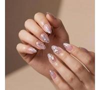 Press On Nails, 24 Medium Almond Pink French Tips With 3D Gold Details | Reusable False Nails Set, Translucent White Gradient, Iridescent Shimmer And Gem-Like Accents, For Everyday And Social Events