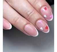 Press On Nails - 24 Pcs Almond Short False Tips - Nude Pink Oval White French With Heart Design - Sweet Natural Stick On for Women Girls DIY Art Accessories Salon Home