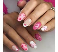 Press On Nails - 24 Pcs Full Set French Tip & Heart Design Acrylic Fake Nails, Reusable Self-Adhesive Artificial Nails for Valentine's Day Gifts, Wedding Parties, Date Nights