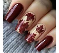 Press-On Nails, 24-Piece Medium Coffin Set, Wine Red and Nude Maple Leaf | Glossy solid and patterned designs, jelly adhesive tabs included, for everyday autumn wear and social gatherings