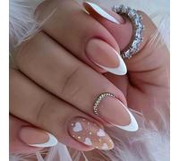 Press On Nails 24 Pieces - Heart Designs & Glossy French Tip, Reusable False Nails for Women, Brides | Instant Manicure Kit for Party, Wedding, Daily