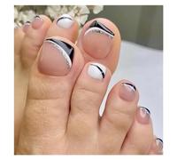Press On Nails 24P Fake Toenails With Glue French Line Glitter False Toe Nails Art Detachable Press On Butterfly ToeNails Tips(Color3)