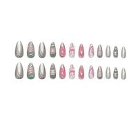 Press On Nails, 24Pcs Almond Fake Nails with Gradient Pink & Green Design, Reusable Manicure Set for Women (Color)