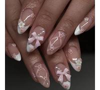 Press on Nails - 24pcs Almond Stick on Nails - 12 Sizes Fake Nails with Glue - French Tip False Nails with 3D Bow Pearl Patterns - Full Cover Elegant Ballet Acrylic Nails Nail Art Accessories