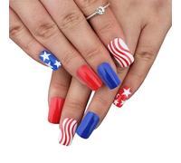 Press On Nails 24Pcs American Flag Star Design, Short Square Fake Nails for 4th of July Parties, Independence Day Celebrations, Summer Events