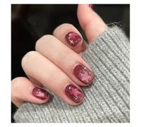 Press On Nails 24pcs detachable cat eyes red wine false nails with glue full cover ballet square almond shiny press on fake tips(Color-56)