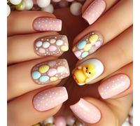 Press On Nails 24pcs Easter Chick Design Short Square Reusable Artificial Nails - Full Cover False Nails for Spring Party, Daily Wear, Salon Quality Manicure for Women &