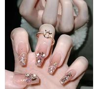 Press On Nails, 24pcs French Heart-Warming Pink Diamond Powder is Tender and Shiny Medium Length Nails for Women Acrylic Perfect Accessory