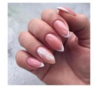 Press On Nails 24Pcs Glitter French Fake Nails Oval Shape Press on Short White Almond False Wearable Full Cover Nail Tips(Color-1)