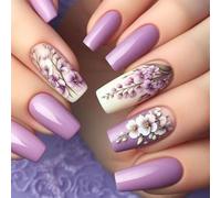 Press on Nails 24Pcs - Glossy Finish & White Leaf Coffin Design, False Nails for Women, Girls, Party, Wedding, Daily Use | Reusable Artificial