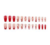 Press On Nails 24Pcs Long Coffin French Tip False Nails with Heart Designs - Easy Application & Durable Wear for Valentine's Day, Weddings, Parties - Stylish Artificial Nails for Women &