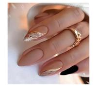 Press On Nails 24Pcs Mid-length False Nails with Almond Head Design Brown Gold Lines Fake Nails Oval Wearable French Press on Nail Tips False Nails(Color1)