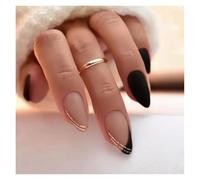 Press On Nails 24Pcs Mid-length False Nails with Almond Head Design Brown Gold Lines Fake Nails Oval Wearable French Press on Nail Tips False Nails(Color9)