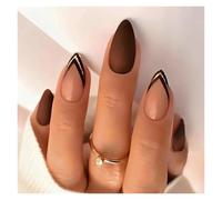 Press On Nails 24Pcs Mid-length False Nails with Almond Head Design Brown Gold Lines Fake Nails Oval Wearable French Press on Nail Tips False Nails(Color5)
