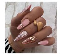 Press On Nails 24Pcs Mid-length False Nails with Almond Head Design Brown Gold Lines Fake Oval Wearable French Press on Nail Tips(Color6)