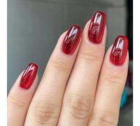Press On Nails - 24Pcs Red Medium Square Cat Eye Glitter Glossy French Tip - Pure Color Christmas With Glue - Acrylic Full Cover Stick On for Women and Girls
