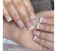 Press On Nails 24Pcs Reusable, Natural-Looking Short Square White French Tip with Sweet Bows Design for Women, Easy Application & Durable Wear, Perfect for Daily Use, Parties, Weddings,