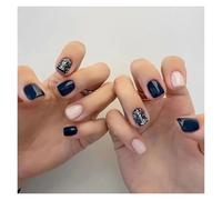 Press On Nails 24pcs Short Round False Nails French Blue Sparkling Pearl White Wavy Love Heart Full Cover Detachable Press On Nail Tips(Color5)