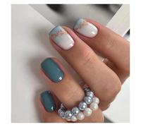 Press On Nails 24pcs Short Round False Nails French Blue Sparkling Pearl White Wavy Love Heart Full Cover Detachable Press On Nail Tips(Color26)