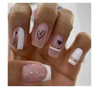 Press On Nails 24pcs Short Round False Nails French Blue Sparkling Pearl White Wavy Love Heart Full Cover Detachable Press On Nail Tips(Color19)
