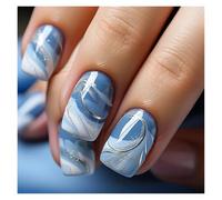 Press On Nails 24pcs Short Round False Nails French Blue Sparkling Pearl White Wavy Love Heart Full Cover Detachable Press On Nail Tips(Color22)