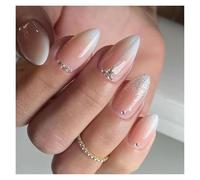 Press On Nails 24Pcs Short Round Head False Nails Glitter Pink Almond Fake French Full Cover Press on Wearable Nail Tips Manicure(Color4)