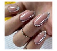 Press On Nails 24Pcs Short Round Head False Nails Glitter Pink Almond Fake French Full Cover Press on Wearable Nail Tips Manicure(Color8)