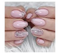 Press On Nails 24Pcs Short Round Head False Nails Glitter Pink Almond Fake French Full Cover Press on Wearable Nail Tips Manicure(Color1)