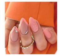 Press On Nails 24Pcs Short Round Head False Nails Glitter Pink Almond Fake French Full Cover Press on Wearable Nail Tips Manicure(Color7)