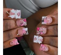 Press On Nails 24Pcs Short Square Fake Nails with Bows & French Tips - Reusable Artificial Nails for Women, Valentines Day Gift, Party Daily Wear