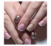 Press On Nails 24pcs Short Square False Nails Press On French Fairy Pink Glitter Gold Diamond Hill Veins Full Cover Detachable Nail Tips(Color15)