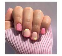 Press On Nails 24pcs Short Square False Nails Press On French Fairy Pink Glitter Gold Diamond Hill Veins Full Cover Detachable Nail Tips(Color16)