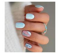Press On Nails 24pcs Short Square False Nails Press On French Fairy Pink Glitter Gold Diamond Hill Veins Full Cover Detachable Nail Tips(Color30)