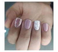 Press On Nails 24pcs Short Square False Nails Press On French Fairy Pink Glitter Gold Diamond Hill Veins Full Cover Detachable Nail Tips(Color32)