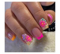 Press On Nails 24pcs Short Square False Nails Press On French Fairy Pink Glitter Gold Diamond Hill Veins Full Cover Detachable Nail Tips(Color8)