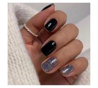 Press On Nails 24pcs Short Square False Nails Press On French Fairy Pink Glitter Gold Diamond Hill Veins Full Cover Detachable Nail Tips(Color11)
