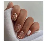 Press On Nails 24pcs Short Square False Nails Press On French Fairy Pink Glitter Gold Diamond Hill Veins Full Cover Detachable Nail Tips(Color18)