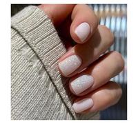 Press On Nails 24pcs Short Square False Nails Press On French Fairy Pink Glitter Gold Diamond Hill Veins Full Cover Detachable Nail Tips(Color-02)