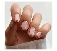 Press On Nails 24pcs Short Square False Nails Press On French Fairy Pink Glitter Gold Diamond Hill Veins Full Cover Detachable Nail Tips(Color-06)