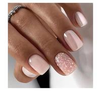 Press On Nails 24pcs Short Square False Nails Press On French Fairy Pink Glitter Gold Diamond Hill Veins Full Cover Detachable Nail Tips(Color31)