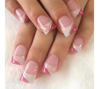 Press On Nails, 24Pcs Short Square False Nails with Heart & French Tip Design, Self-Adhesive Manicure Kits for Women, Reusable Artificial Nails for Party, Wedding, Daily
