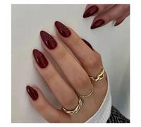 Press On Nails 24Pcs Simple Wine Red Fake Nail with Glue Mid-length Almond Press on False Nails Wearable Round Head Oval Full Cover Nail Tips False Nails(Color1)