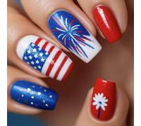 Press on Nails 4th of July Fake Nails Independence Day Glues on Nails Patriotic False Nails Full Covers Fake Nails