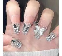 Press On Nails, Acrylic Handmade Stick on Nails, 24pcs 3D Butterfly False Nails with Glue Long Coffin Shape Luxury Design Fake Nails for Women on Wedding Parties (3D Butterfly)