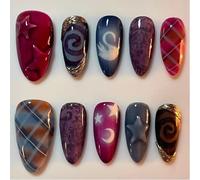 Press On Nails Almond - 24Pcs False Nails Medium Length - 3D Stars Fake Nails With Glue - Full Cover Acrylic Stick On Nails For Women - Gilded Stars & Moon